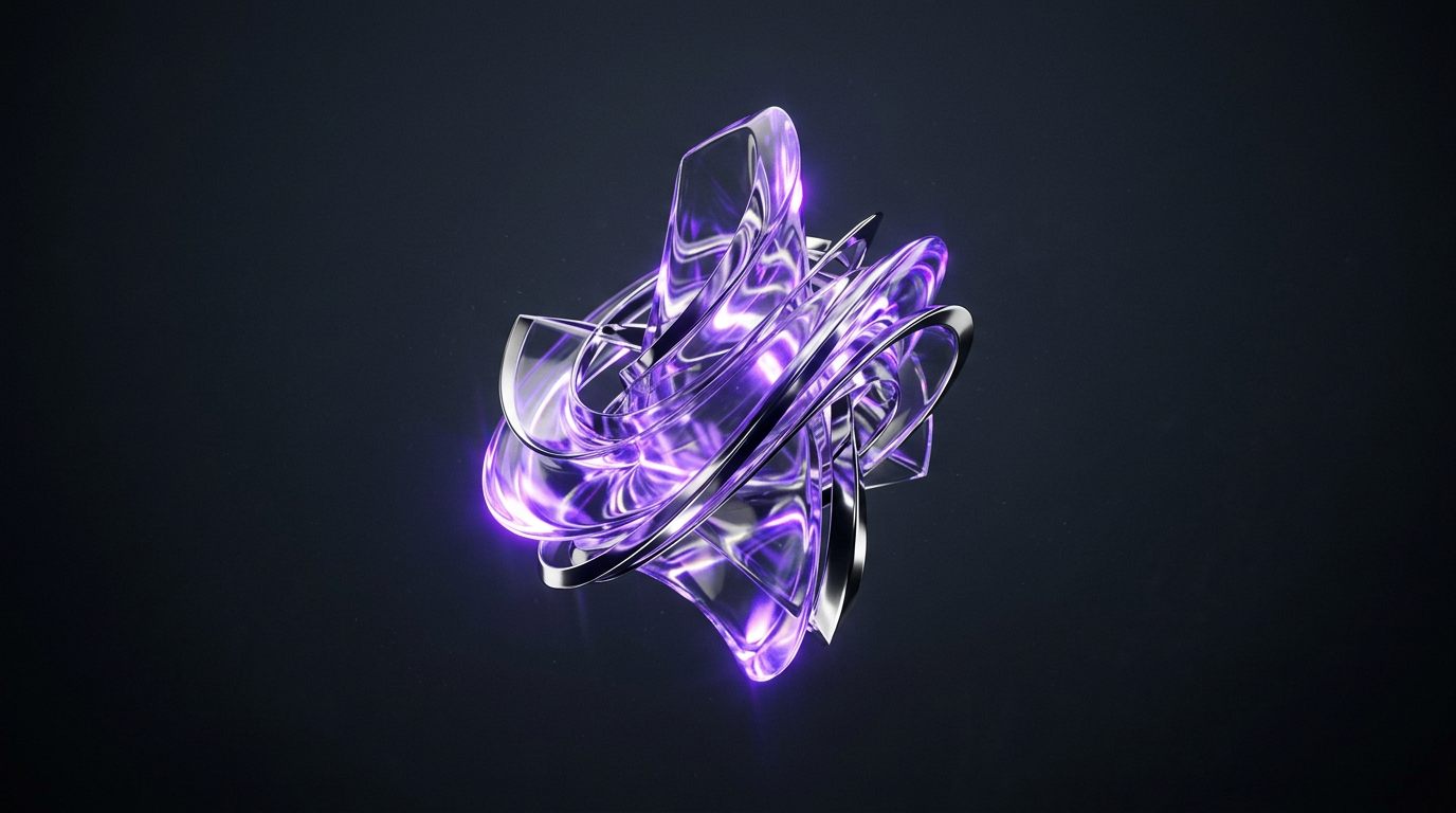 Escultura 3D abstracta de cristal y cromo iluminada con luz violeta