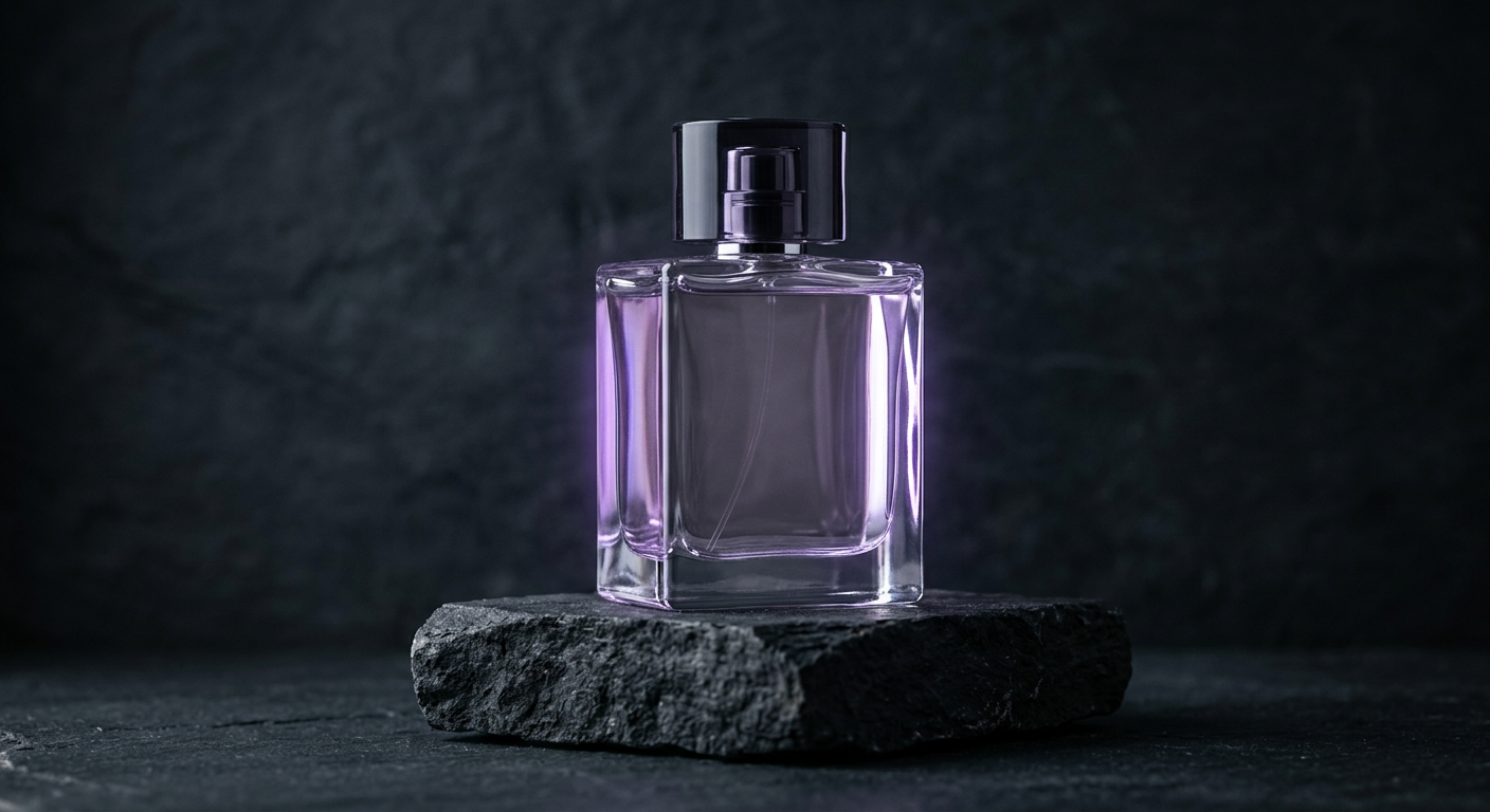 Fotografía lifestyle de un frasco de perfume sobre pedestal de piedra con luz violeta