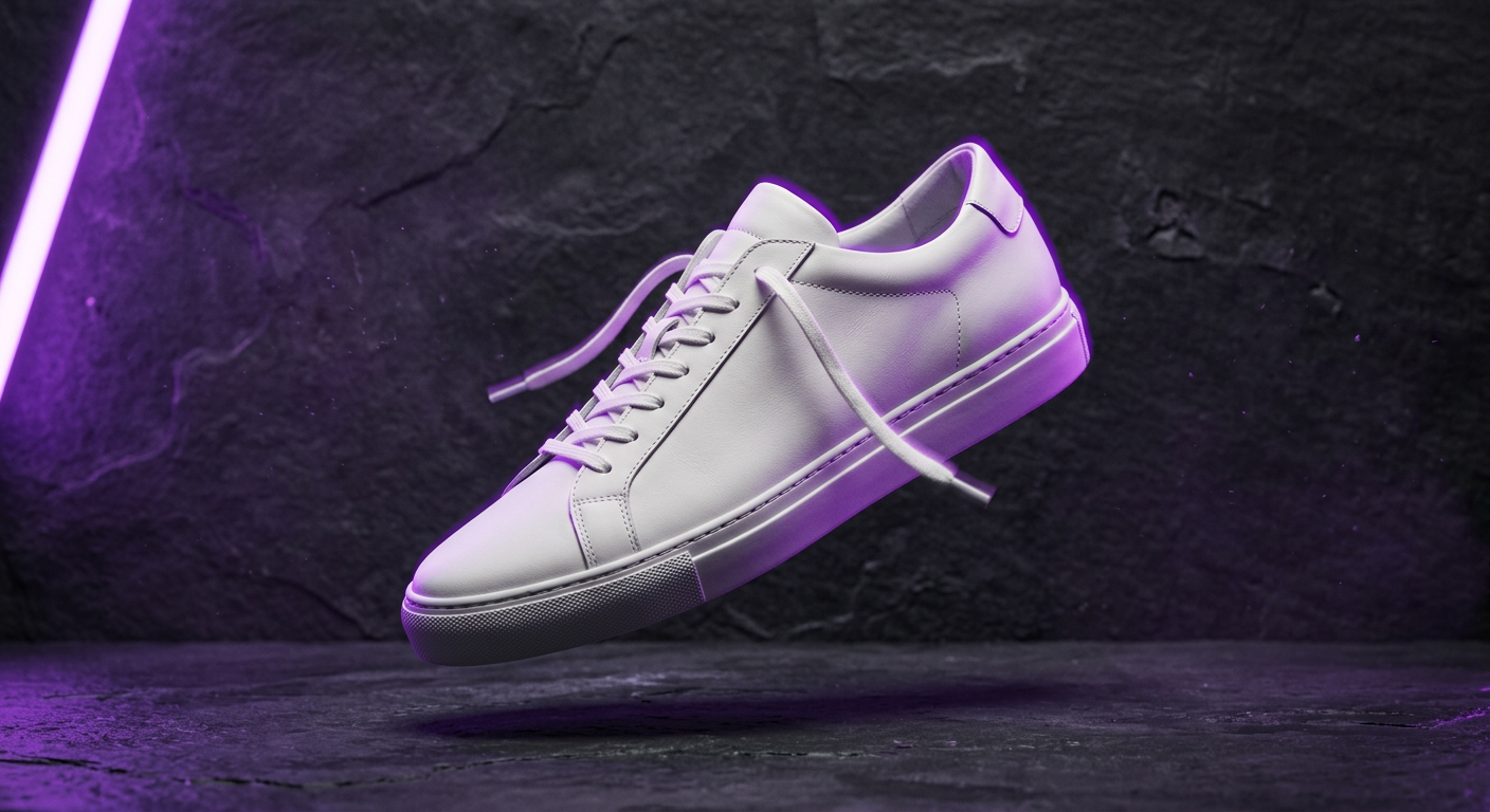Zapatilla blanca flotando con iluminación de neón morado sobre fondo oscuro